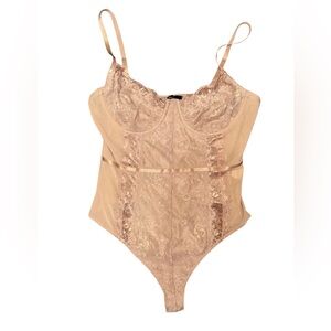 iris Sheer Lace Nude-Tone Bodysuit with Satin Trim